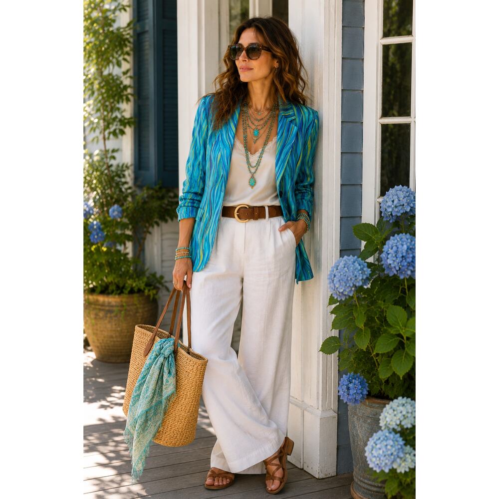 Vintage Silk Artwear Blazer Aqua Watercolor Coastal Chic Jacket Size 10